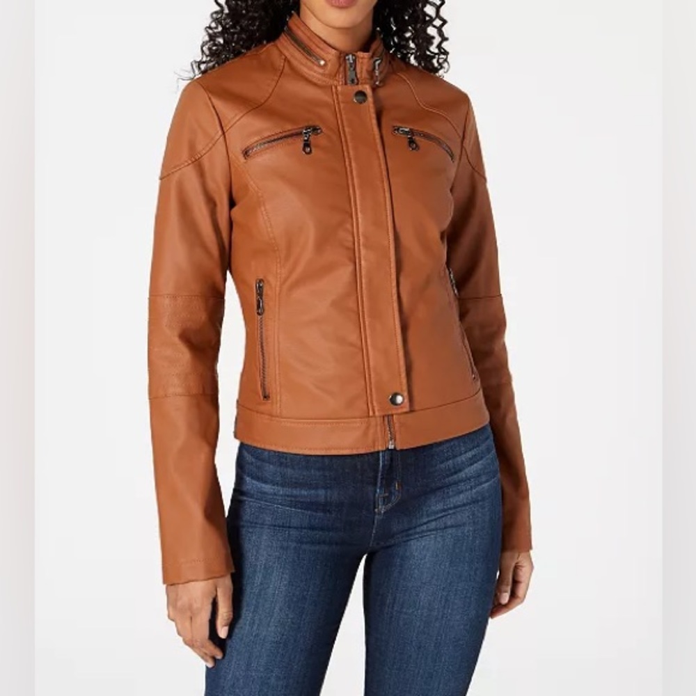 Faux Leather Moto Jacket Tan | Cognac